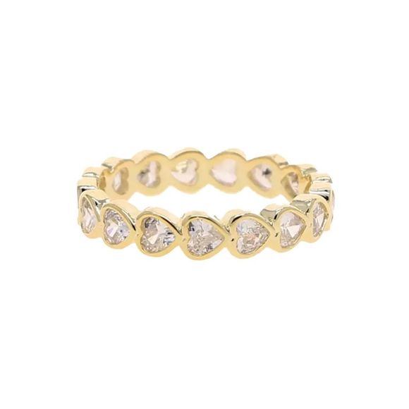 YELLOW GOLD TONE PLATED HEART SHAPED CZs ETERNITY BAND ENGAGEMENT LOVE RING NWT - Picture 3 of 6